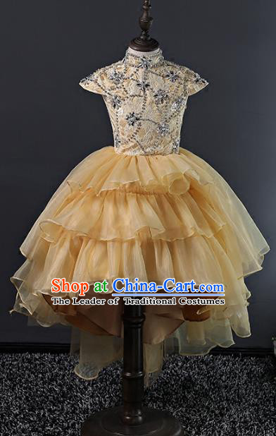 Top Grade Stage Performance Costumes Compere Yellow Bubble Dress Modern Fancywork Full Dress for Kids