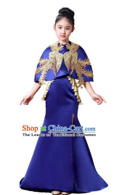 Top Grade Stage Performance Costumes Compere Royalblue Cheongsam Modern Fancywork Full Dress for Kids