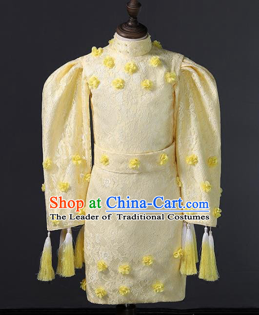 Top Grade Compere Costumes Children Stage Performance Yellow Dress Modern Fancywork Full Dress for Kids