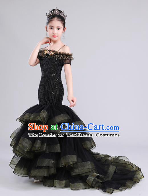 Top Grade Compere Costumes Children Black Veil Mermaid Dress Modern Fancywork Full Dress for Kids
