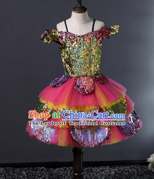 Top Grade Compere Costumes Children Rosy Veil Bubble Dress Modern Fancywork Full Dress for Kids