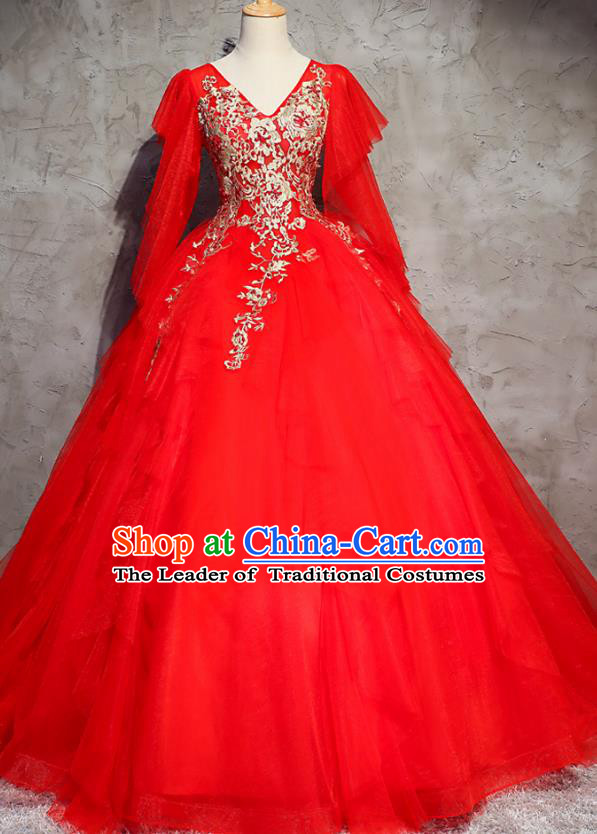 Top Grade Advanced Customization Red Veil Bubble Evening Dress Wedding Dress Compere Bridal Full Dress for Women
