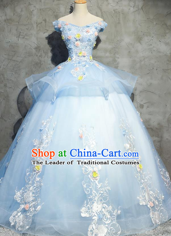 Top Grade Advanced Customization Flowers Evening Dress Blue Bubble Wedding Dress Compere Bridal Full Dress for Women
