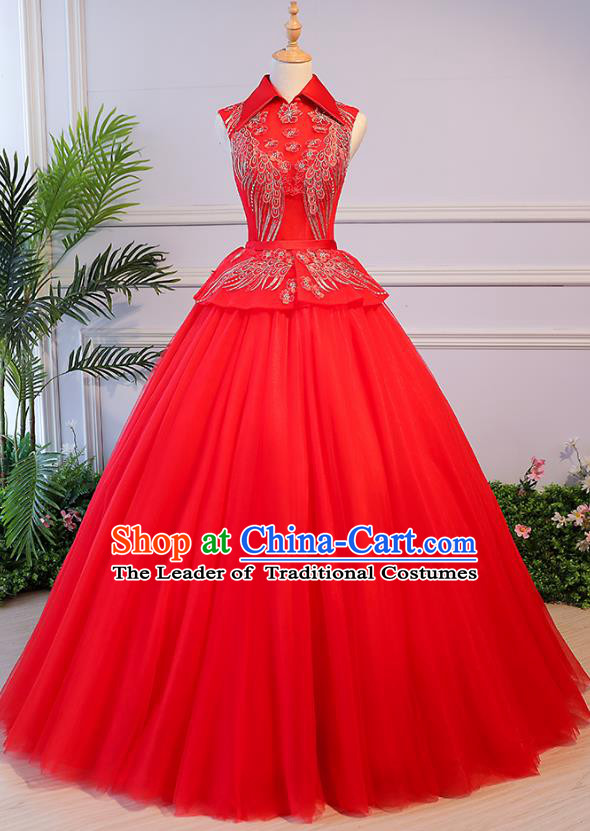 Top Grade Wedding Costume Compere Evening Dress Red Veil Bubble Dress Bridal Full Dress for Women