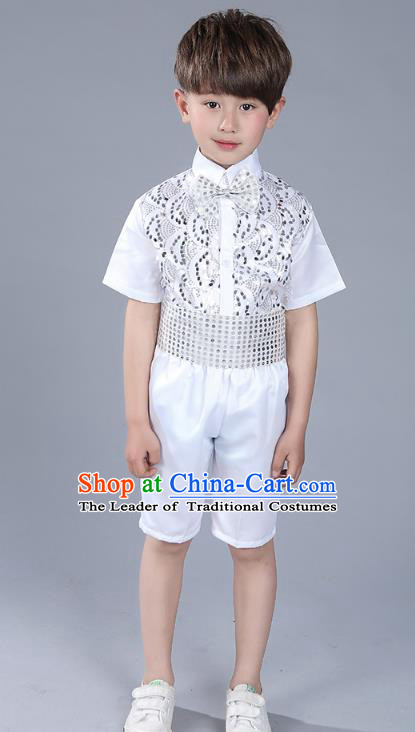 Top Grade Boys Chorus Sequins Costumes Children Compere Modern Dance White Clothing for Kids