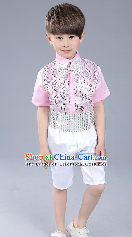 Top Grade Boys Chorus Sequins Costumes Children Compere Modern Dance Pink Clothing for Kids
