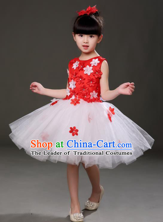 Top Grade Chorus Costumes Children Modern Dance Red Flowers Bubble Dress for Kids