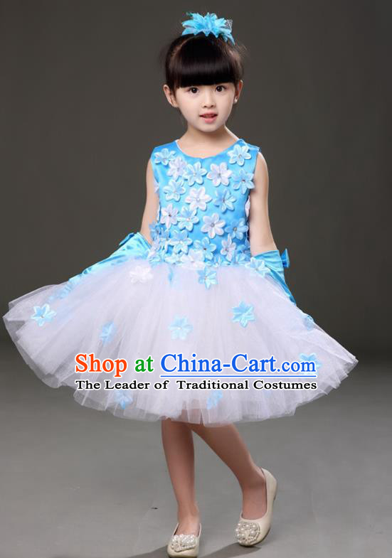 Top Grade Chorus Costumes Children Modern Dance Blue Flowers Bubble Dress for Kids