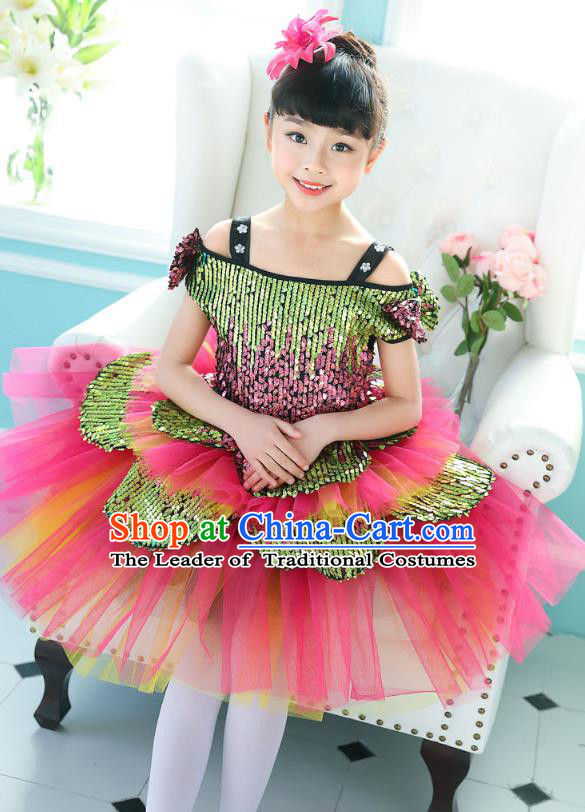Top Grade Chorus Sequins Costumes Children Stage Performance Modern Dance Rosy Bubble Dress for Kids