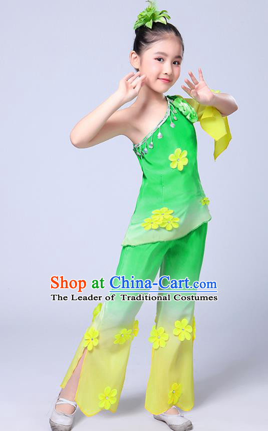 Chinese Traditional Folk Dance Costumes Children Classical Dance Jasmine Flower Green Clothing for Kids