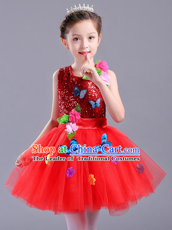 Top Grade Chorus Stage Performance Costumes Children Modern Dance Butterfly Clothing Red Veil Bubble Dress for Kids
