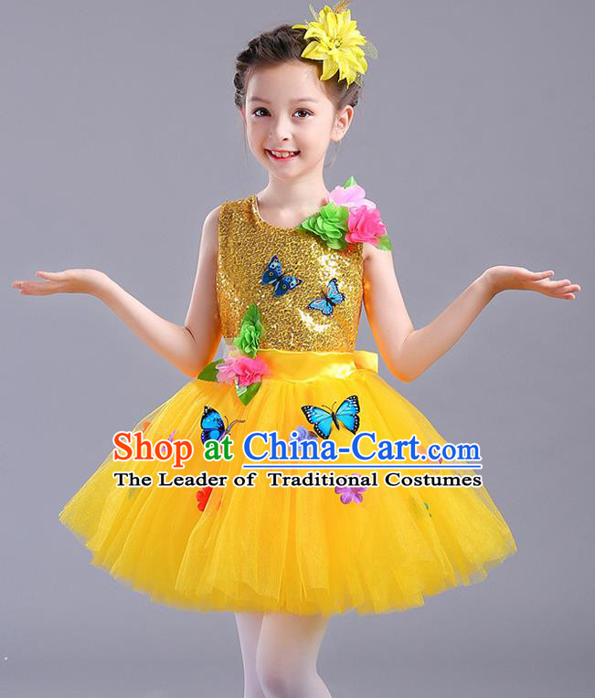 Top Grade Chorus Stage Performance Costumes Children Modern Dance Butterfly Clothing Yellow Veil Bubble Dress for Kids