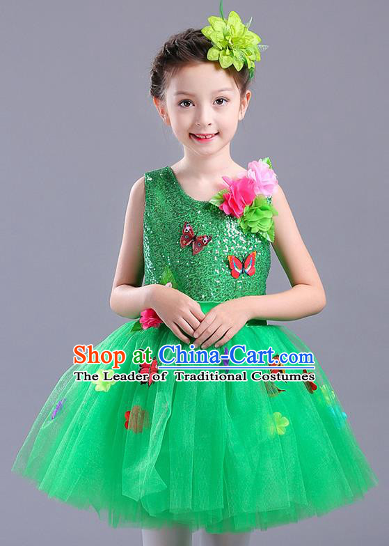 Top Grade Chorus Stage Performance Costumes Children Modern Dance Butterfly Clothing Green Veil Bubble Dress for Kids
