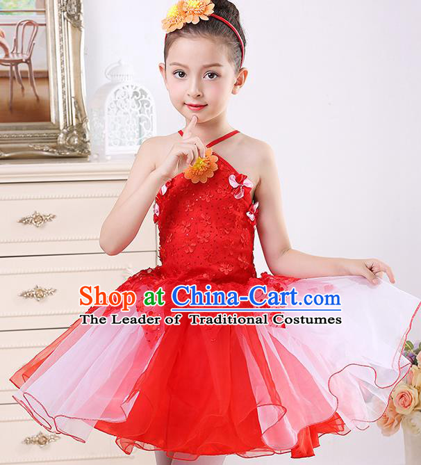 Top Grade Chorus Stage Performance Costumes Girls Red Veil Bubble Dress Children Modern Dance Clothing for Kids