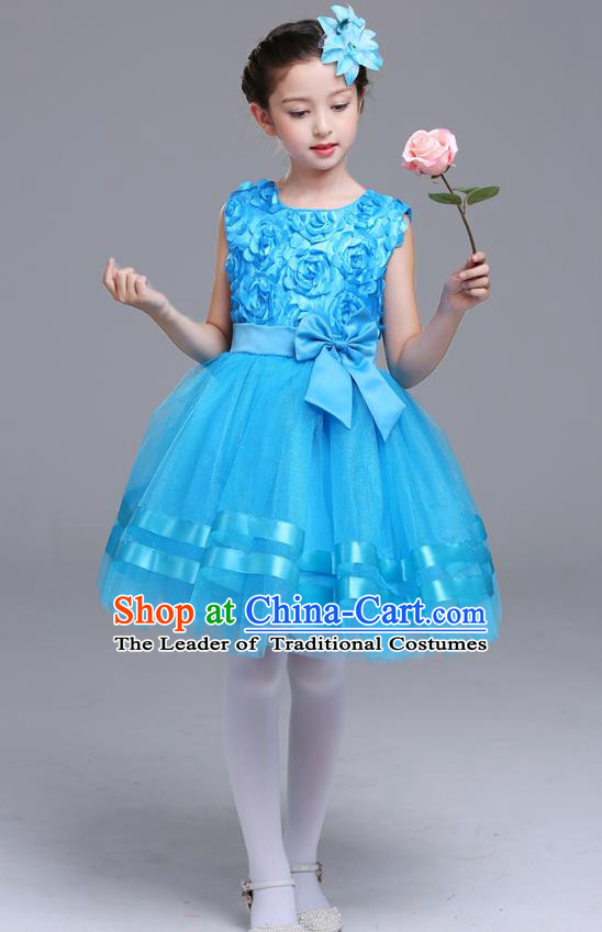 Top Grade Chorus Stage Performance Costumes Flower Fairy Blue Rose Bubble Dress Children Modern Dance Clothing for Kids