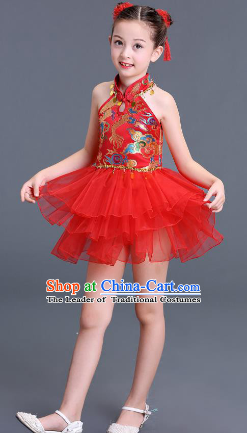 Chinese Traditional Folk Dance Costumes Red Bubble Dress Children Classical Dance Tang Suit Cheongsam for Kids
