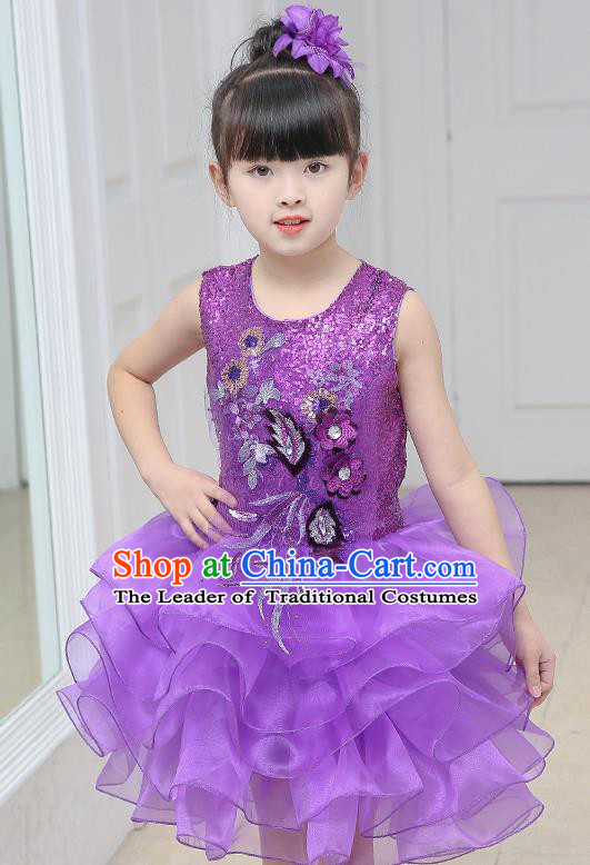 Top Grade Chorus Costumes Stage Performance Purple Sequins Bubble Dress Children Modern Dance Clothing for Kids