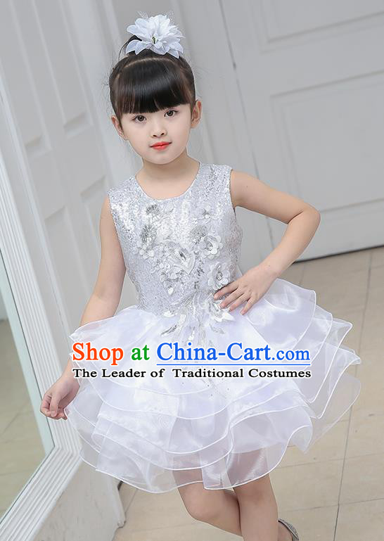 Top Grade Chorus Costumes Stage Performance White Sequins Bubble Dress Children Modern Dance Clothing for Kids