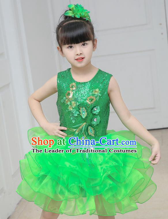 Top Grade Chorus Costumes Stage Performance Green Sequins Bubble Dress Children Modern Dance Clothing for Kids