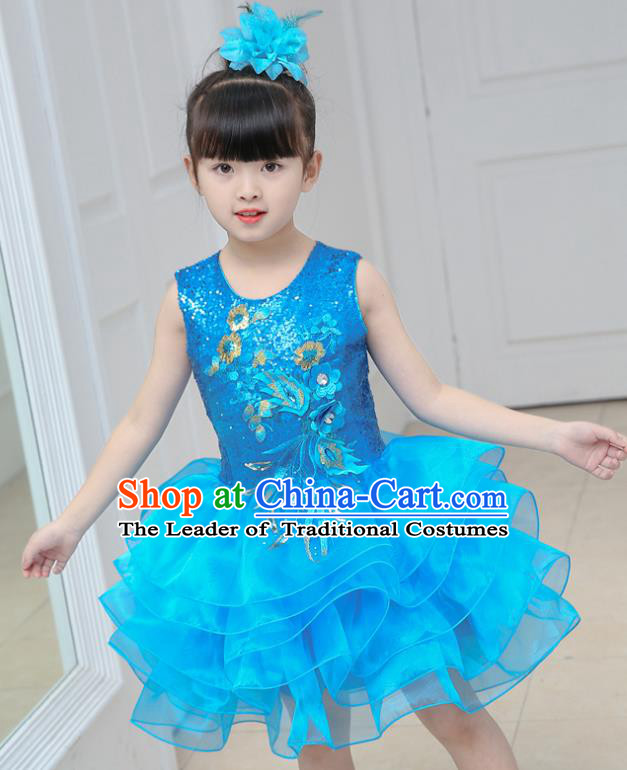 Top Grade Chorus Costumes Stage Performance Blue Sequins Bubble Dress Children Modern Dance Clothing for Kids