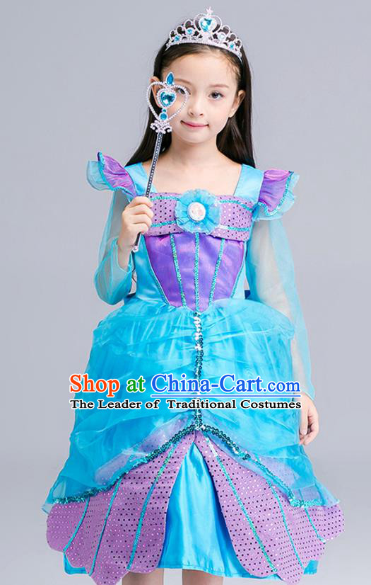 Top Grade Halloween Costumes Stage Performance Princess Blue Full Dress Children Modern Dance Clothing for Kids