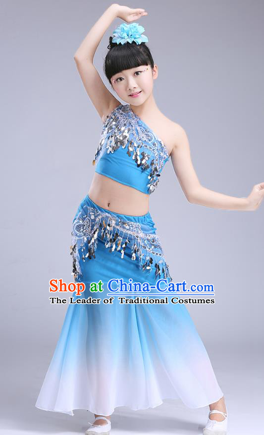 Chinese Traditional Folk Dance Costumes Pavane Dance Blue Dress Children Classical Peacock Dance Clothing for Kids
