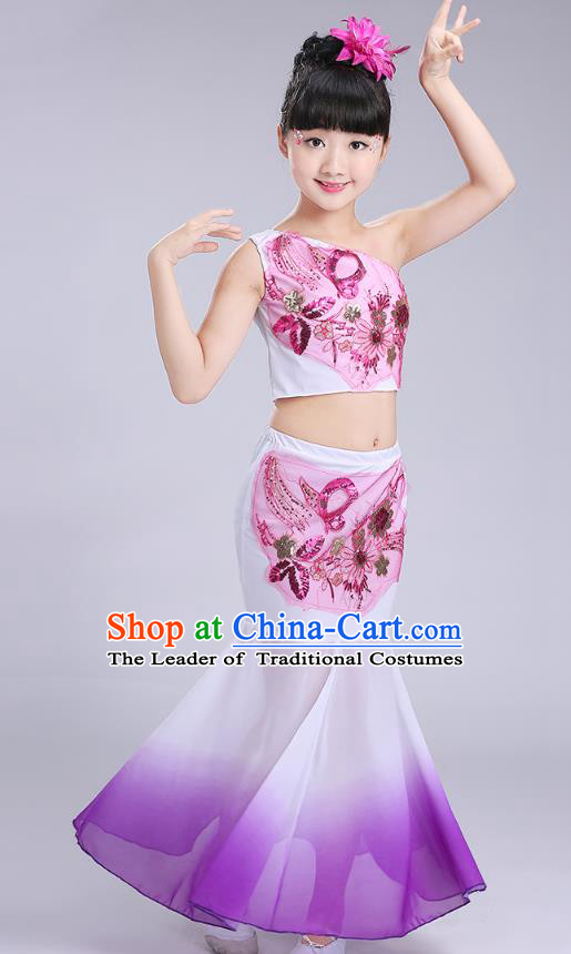 Chinese Traditional Folk Dance Costumes Dai Nationality Pavane Purple Dress Children Classical Peacock Dance Clothing for Kids