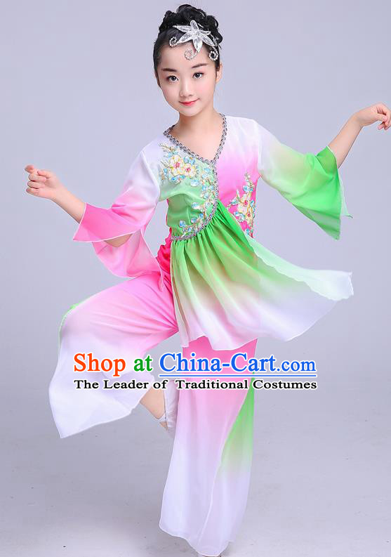 Chinese Traditional Folk Dance Yangko Green Costumes Children Classical Dance Fan Dance Clothing for Kids