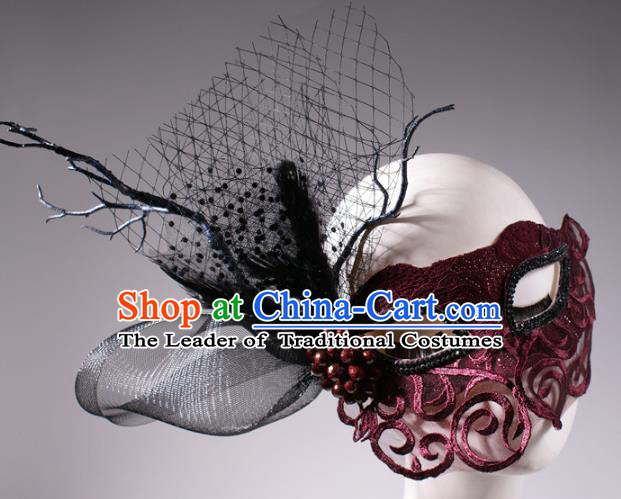 Halloween Fancy Ball Props Exaggerated Wine Red Lace Face Mask Stage Performance Accessories Christmas Mysterious Masks