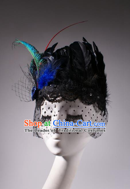 Top Grade Halloween Hair Accessories Stage Performance Modern Fancywork Headwear Black Feather Headdress
