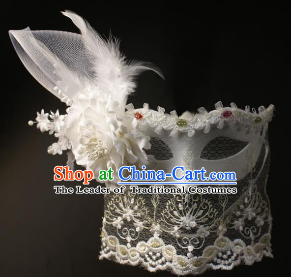 Halloween Exaggerated White Lace Feather Face Mask Fancy Ball Props Stage Performance Accessories Christmas Mysterious Masks