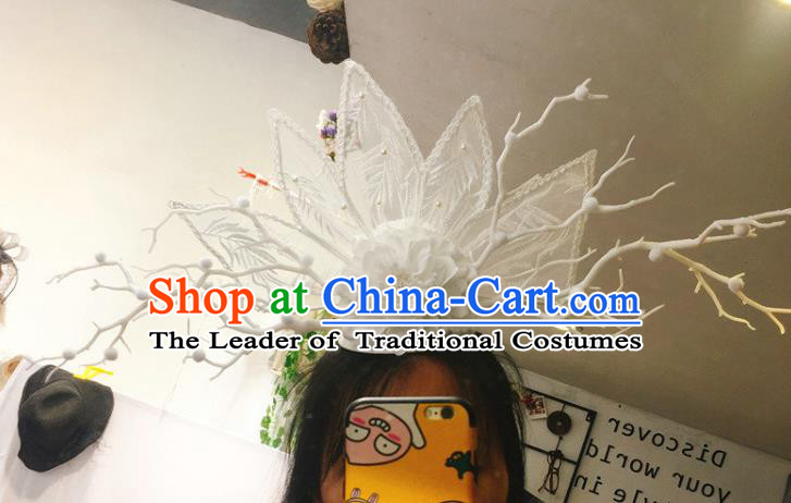 Top Grade Catwalks Hair Accessories Halloween Stage Performance White Flowers Lace Hair Clasp Modern Fancywork Headwear