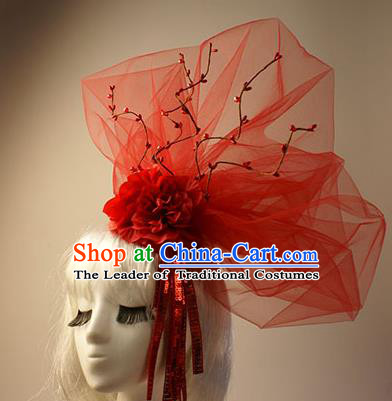 Top Grade Catwalks Hair Accessories Halloween Stage Performance Red Flower Veil Hair Clasp Modern Fancywork Headwear