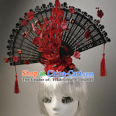 Top Grade China Catwalks Hair Accessories Halloween Modern Fancywork Red Lace Fan-Shape Hair Clasp Headwear