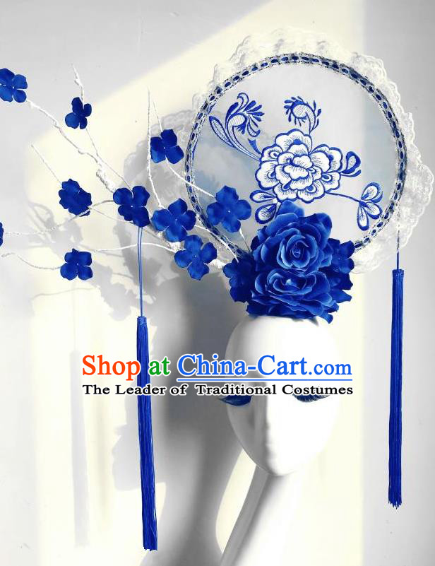 Top Grade Chinese Traditional Catwalks Hair Accessories Exaggerated Palace Blue Peony Embroidered Headdress Halloween Modern Fancywork Headwear