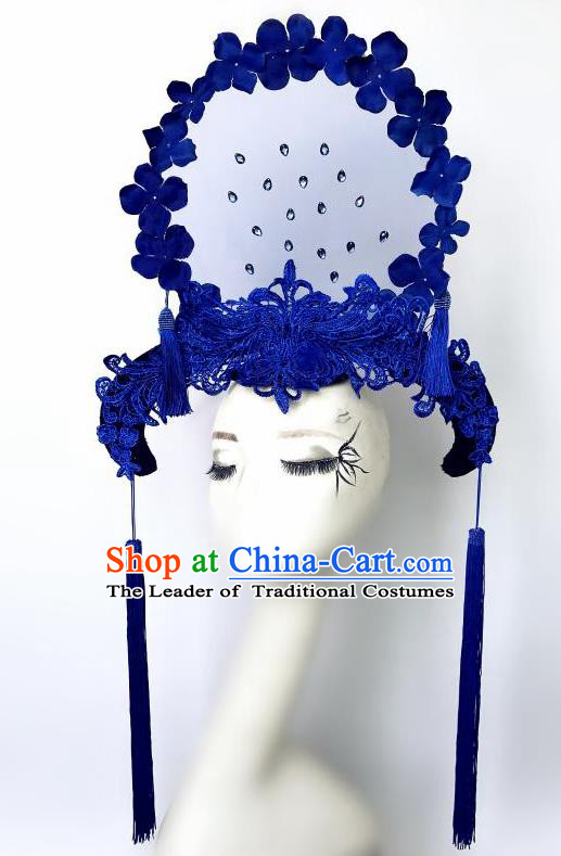 Top Grade Chinese Traditional Catwalks Hair Accessories Exaggerated Palace Pincess Blue Lace Headdress Halloween Modern Fancywork Headwear