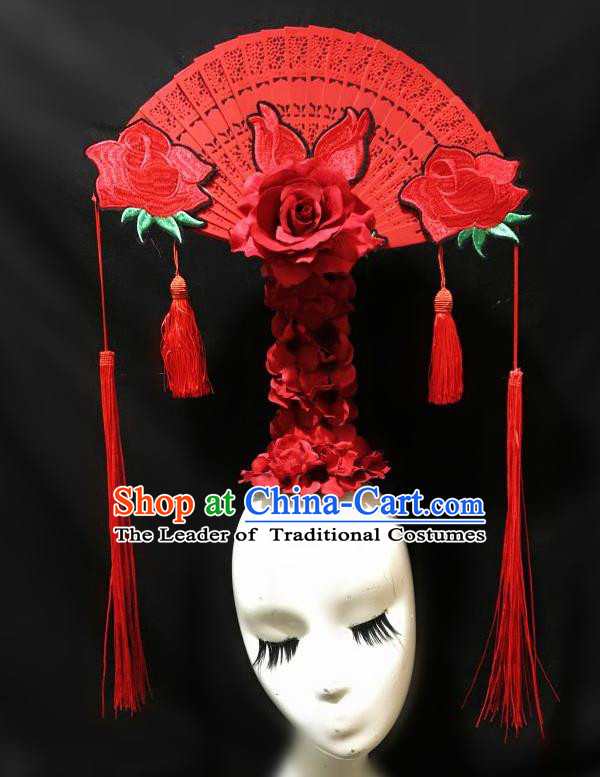 Top Grade Chinese Traditional Catwalks Hair Accessories Exaggerated Palace Pincess Red Lace Headdress Halloween Modern Fancywork Headwear