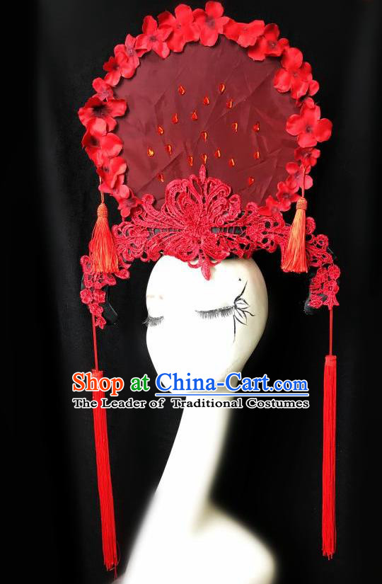 Top Grade Chinese Traditional Catwalks Hair Accessories Exaggerated Palace Pincess Red Flowers Headdress Halloween Modern Fancywork Headwear