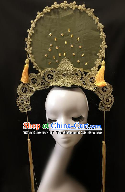 Top Grade Catwalks Tassel Hair Accessories Exaggerated Chinese Traditional Golden Headdress Modern Fancywork Headwear