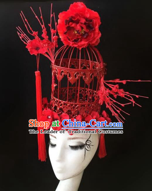 Top Grade Catwalks Hair Accessories Exaggerated Chinese Red Birdcage Hair Clasp Modern Fancywork Headwear