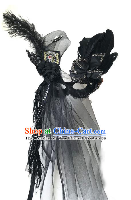 Halloween Venice Exaggerated Black Feather Face Mask Fancy Ball Props Catwalks Accessories Christmas Masks