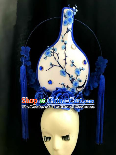 Top Grade Chinese Catwalks Hair Accessories Blue Flowers Headdress Exaggerated Halloween Modern Fancywork Headwear