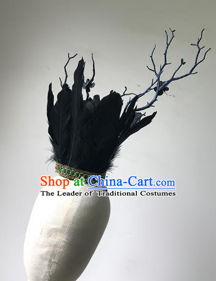 Top Grade Catwalks Gothic Hair Accessories Exaggerated Black Feather Headdress Halloween Modern Fancywork Headwear