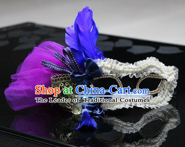 Halloween Catwalks Venice Blue Feather Face Mask Fancy Ball Props Accessories Christmas Exaggerated Masks