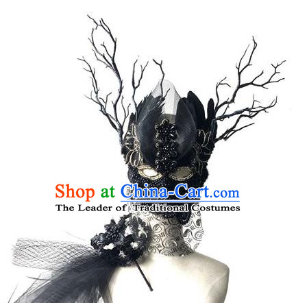 Halloween Handmade Black Feather Face Mask Fancy Ball Catwalks Masks Christmas Exaggerated Feather Masks