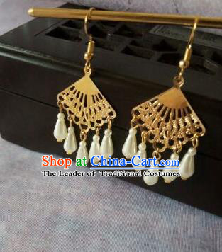China Ancient Palace Accessories Classical Pearls Golden Earrings Chinese Traditional Hanfu Eardrop for Women