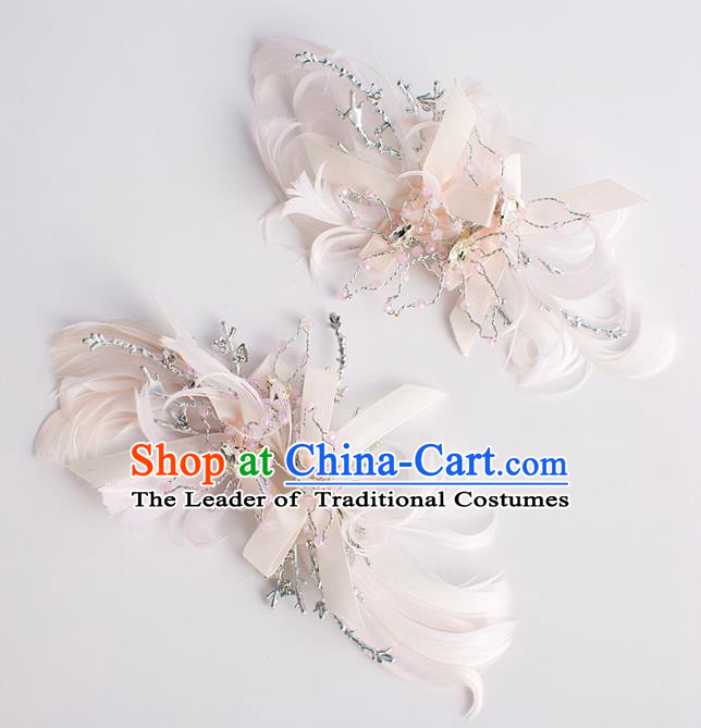 Chinese Ancient Bride Hair Accessories Xiuhe Suit Hairpins Pink Feather Hair Claws for Women