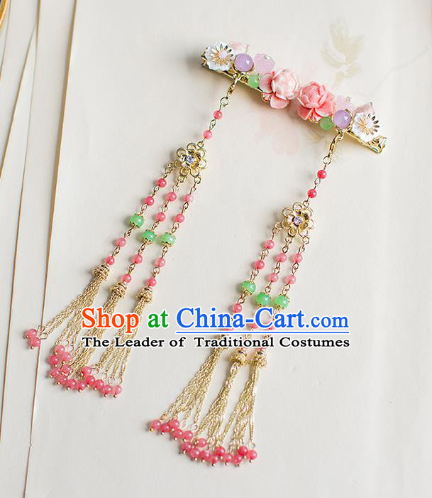 Chinese Traditional Palace Hair Accessories Xiuhe Suit Pink Beads Tassel Hair Claws Ancient Hairpins for Women