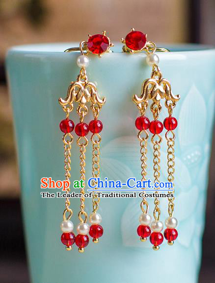 Chinese Ancient Bride Classical Accessories Earrings Wedding Jewelry Hanfu Red Crystal Tassel Eardrop for Women