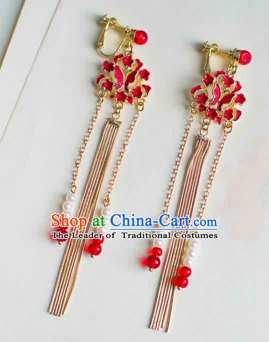 Chinese Ancient Bride Classical Accessories Earrings Wedding Jewelry Hanfu Red Butterfly Tassel Eardrop for Women